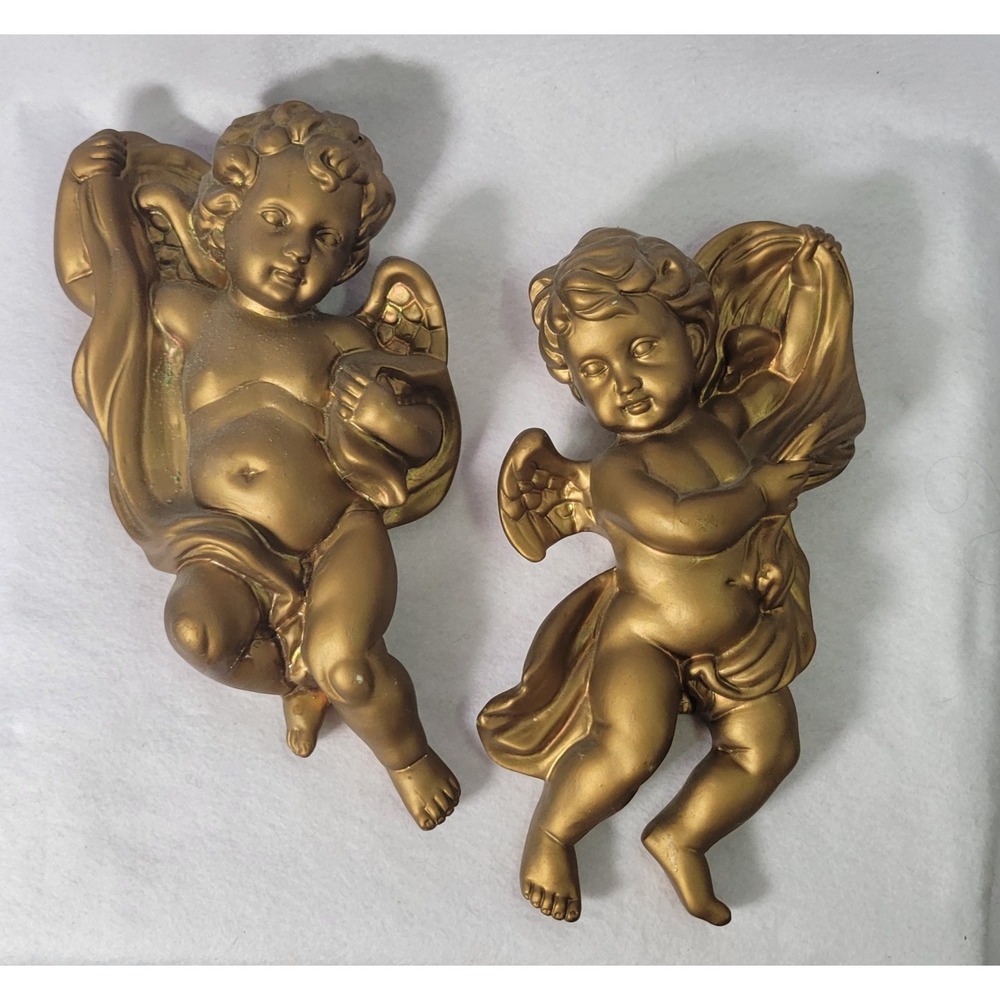 Vtg MCM Homco Angel Cherubs 10" Victorian Gold Wall Hollywood Regency Set of 2